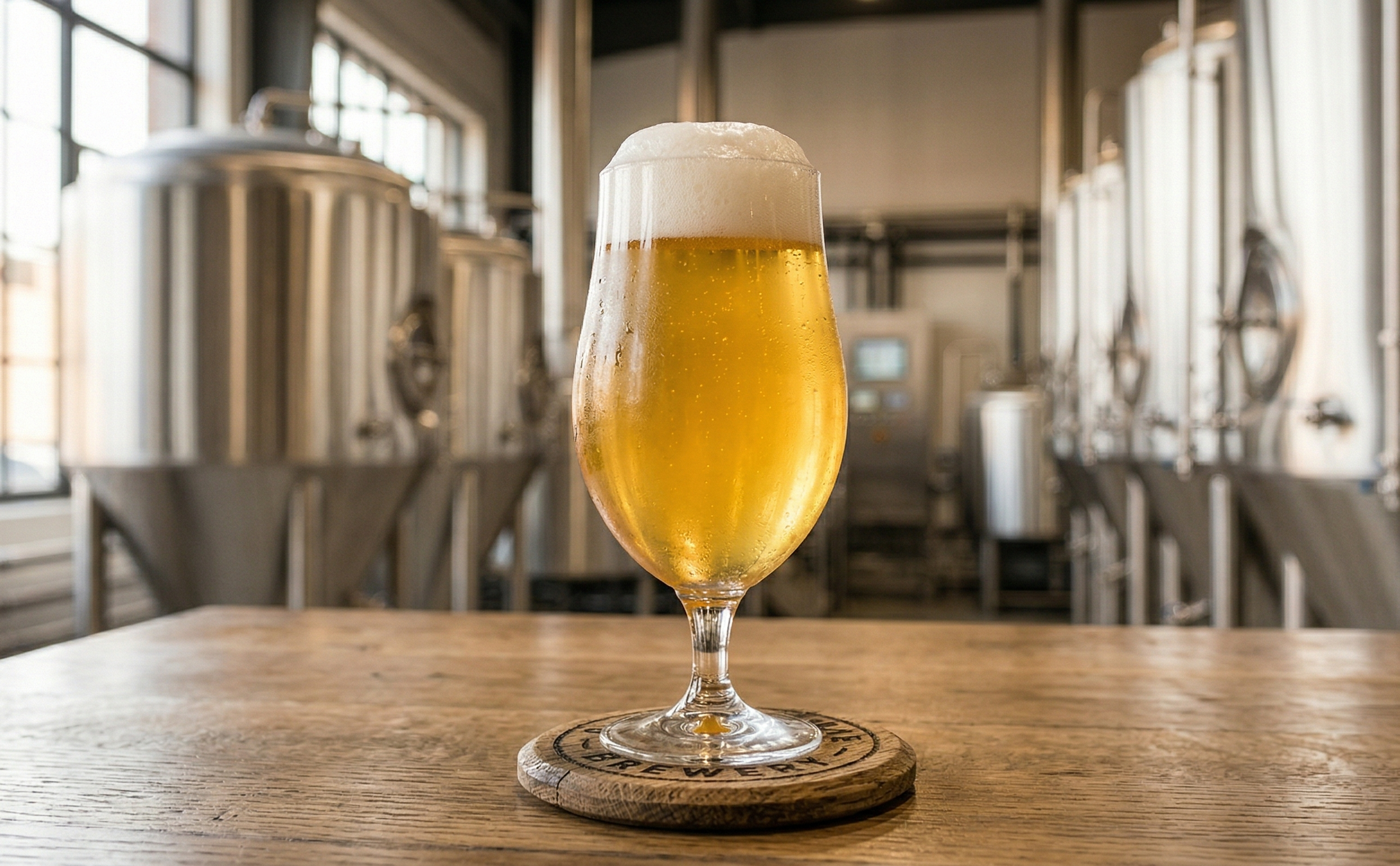 Kufel złotego piwa na tle warzelni z tankami fermentacyjnymi