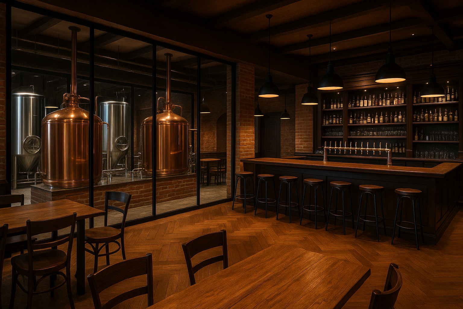 Taproom Browaru Mikołów — bar z widokiem na miedziane kotły warzelnicze