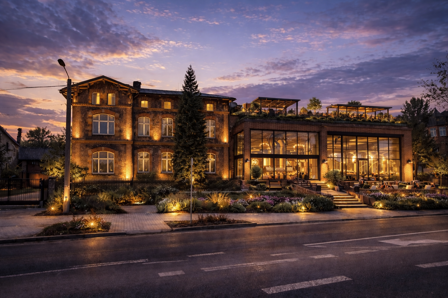 Wizualizacja zewnętrzna Browaru Mikołów — nocne oświetlenie budynku